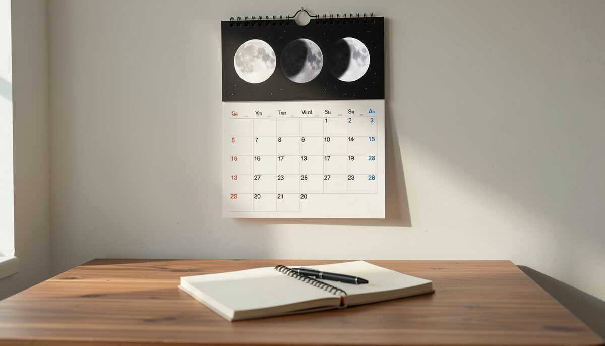 Wall calendar with moon phases above a desk with a notebook and pen