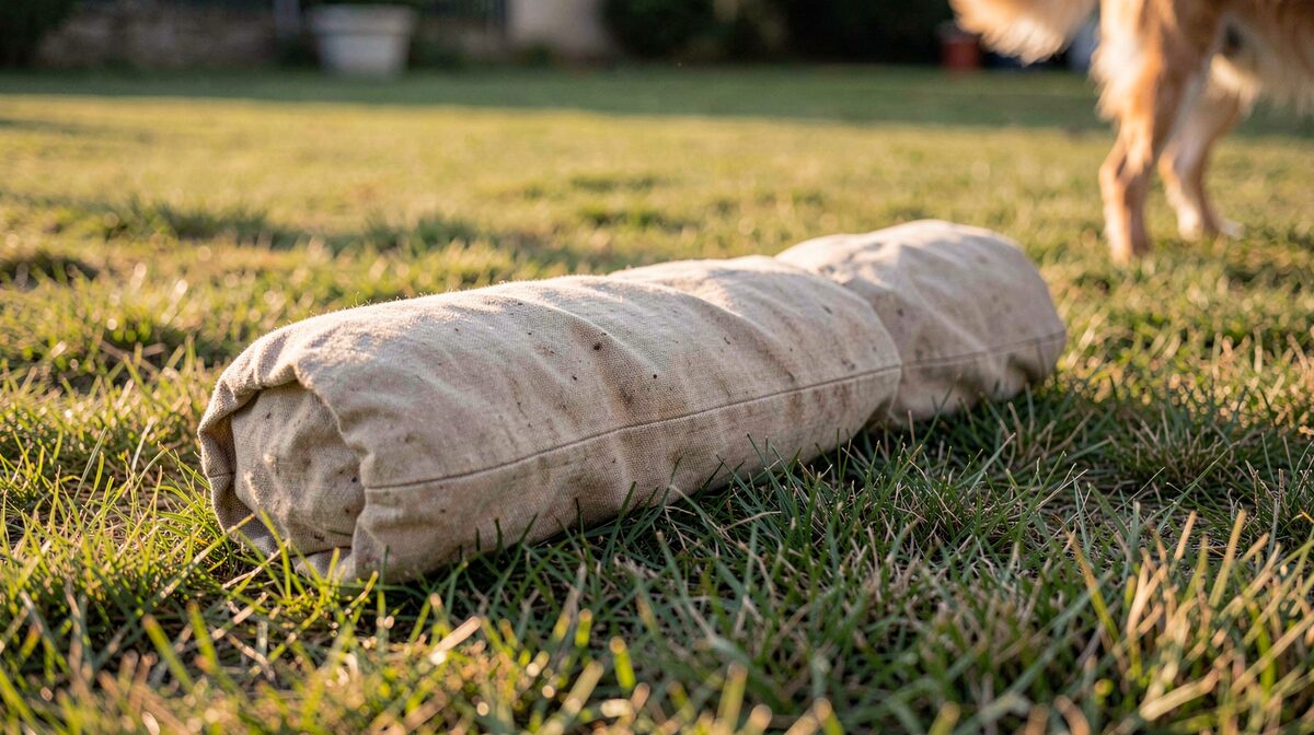 Un dummy in tela appoggiato su un campo erboso tagliato corto, luce del tardo pomeriggio, inquadratura radente al suolo con il cane fuori campo.